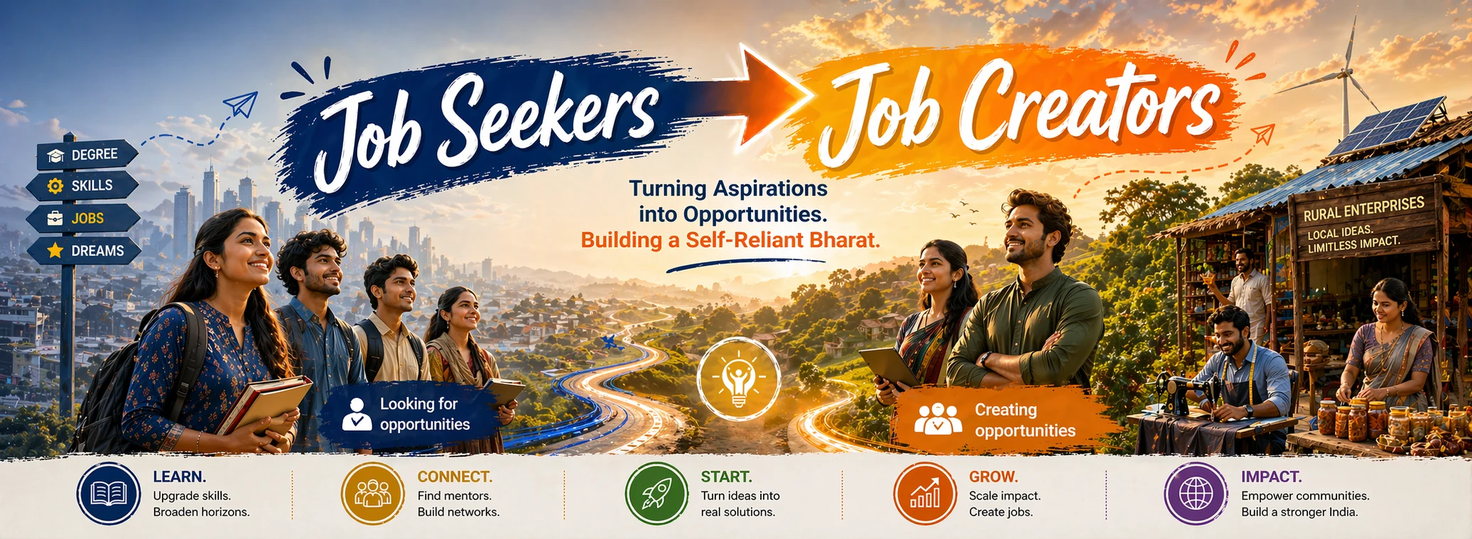 Job Seekers to Job Creators. Turning aspirations into opportunities. Building a self-reliant Bharat.